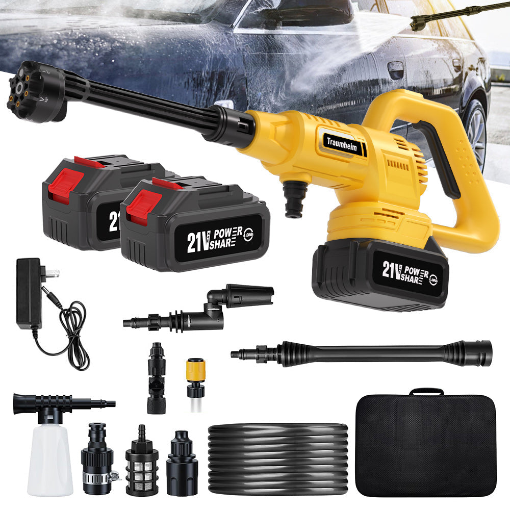 Cordless pressure washer with 21V 2× 4000mAh batteries, portable pressure washer with rotary nozzle & extension pole, 400W car cleaner for cars and gardens