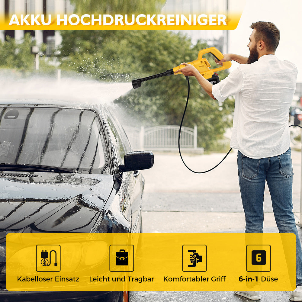 Cordless pressure washer with 21V 2× 4000mAh batteries, portable pressure washer with rotary nozzle & extension pole, 400W car cleaner for cars and gardens