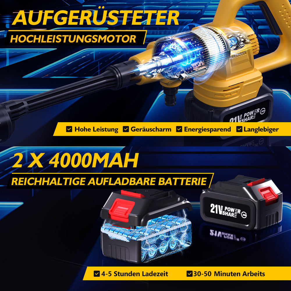Cordless pressure washer with 21V 2× 4000mAh batteries, portable pressure washer with rotary nozzle & extension pole, 400W car cleaner for cars and gardens