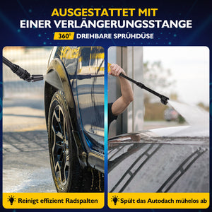 Cordless pressure washer with 21V 2× 4000mAh batteries, portable pressure washer with rotary nozzle & extension pole, 400W car cleaner for cars and gardens