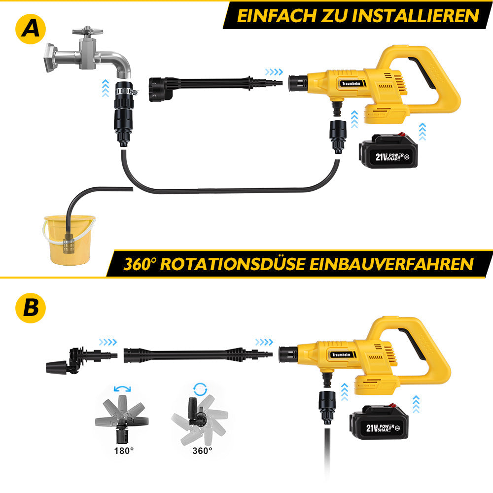Cordless pressure washer with 21V 2× 4000mAh batteries, portable pressure washer with rotary nozzle & extension pole, 400W car cleaner for cars and gardens