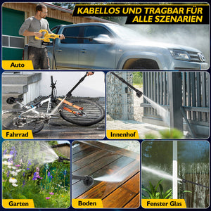 Cordless pressure washer with 21V 2× 4000mAh batteries, portable pressure washer with rotary nozzle & extension pole, 400W car cleaner for cars and gardens