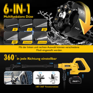 Cordless pressure washer with 21V 2× 4000mAh batteries, portable pressure washer with rotary nozzle & extension pole, 400W car cleaner for cars and gardens