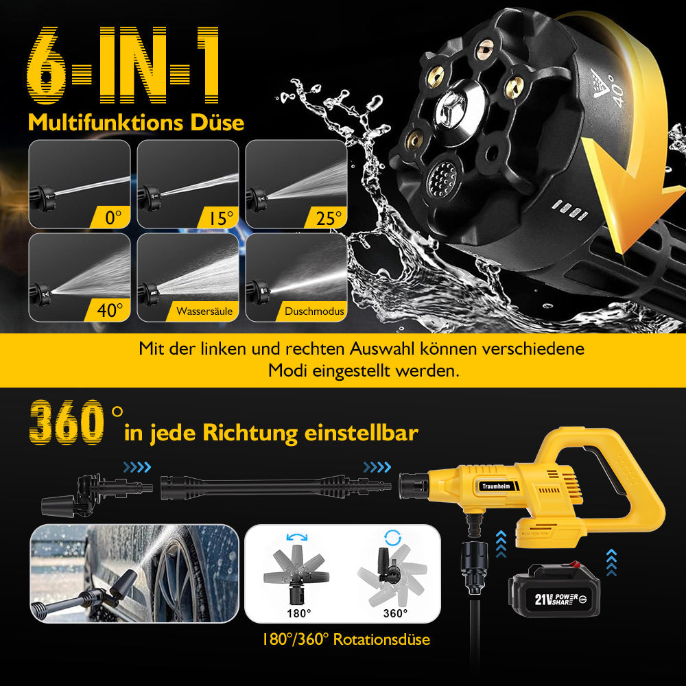 Cordless pressure washer with 21V 2× 4000mAh batteries, portable pressure washer with rotary nozzle & extension pole, 400W car cleaner for cars and gardens