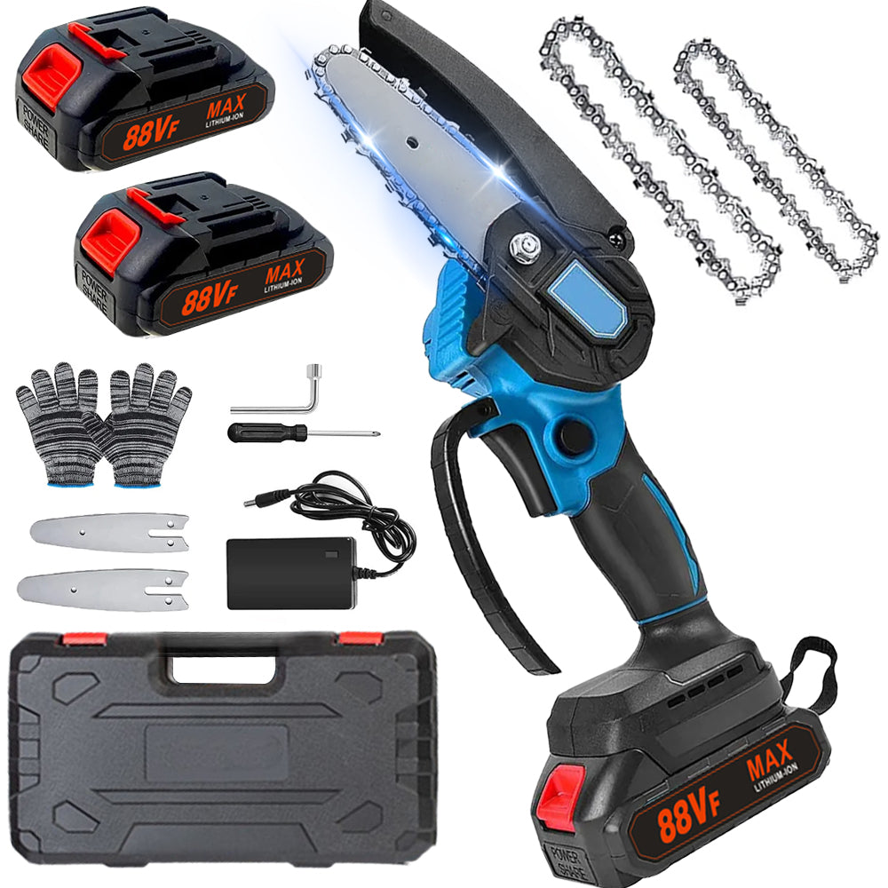 Cordless Chainsaw 4/6 inch Electric Chainsaw with Battery One-Handed Chainsaw Hand Chainsaw, with 2 Batteries, 2 Chains and Charger for Garden, Pruning Shears