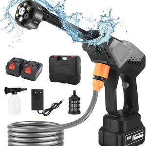 Cordless pressure washer, battery-powered, 65 bar, car pressure washer with 5 m hose & 6-in-1 nozzles, 2 batteries, electric water jet gun