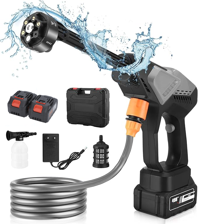 Cordless pressure washer, battery-powered, 65 bar, car pressure washer with 5 m hose & 6-in-1 nozzles, 2 batteries, electric water jet gun