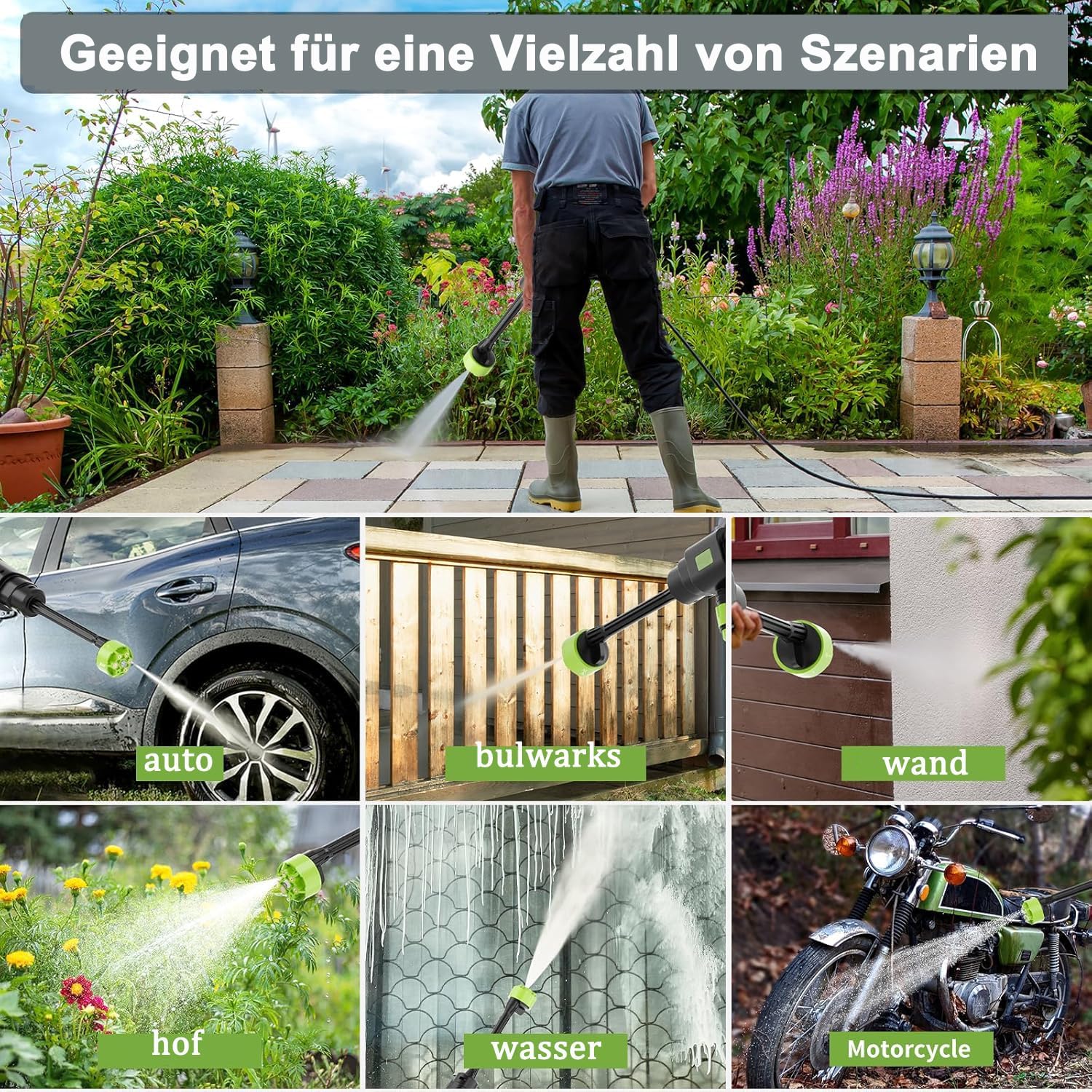 Cordless pressure washer, portable pressure washer with 2x 1500mAh batteries, 6-in-1 nozzle & 5M hose for car, patio, garden, fence, pool