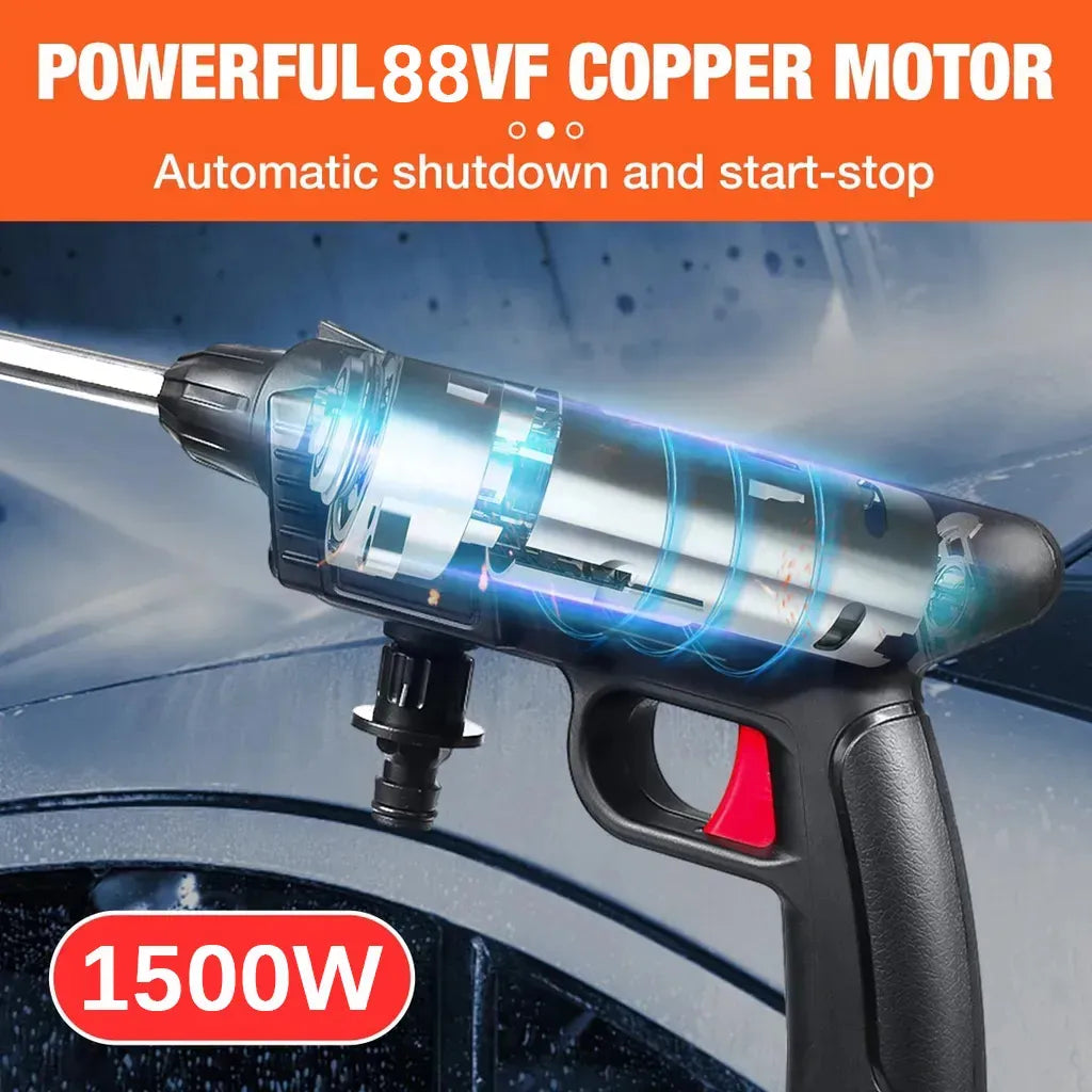 Cordless pressure washer, 88VF 1500W battery-powered portable pressure washer, car cleaner with 2 batteries, 5m hose, for cars, gardens and warehouses