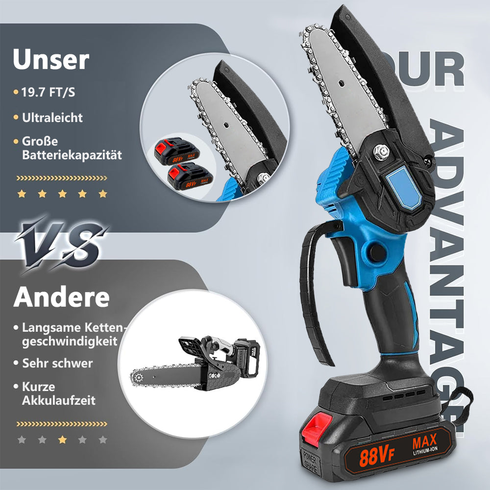 Cordless Chainsaw 4/6 inch Electric Chainsaw with Battery One-Handed Chainsaw Hand Chainsaw, with 2 Batteries, 2 Chains and Charger for Garden, Pruning Shears