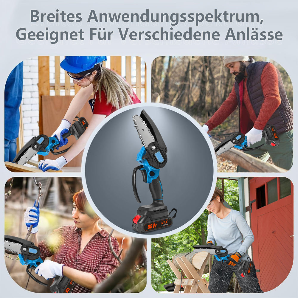 Cordless Chainsaw 4/6 inch Electric Chainsaw with Battery One-Handed Chainsaw Hand Chainsaw, with 2 Batteries, 2 Chains and Charger for Garden, Pruning Shears
