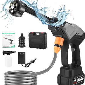 Cordless pressure washer, battery-powered, 65 bar, car pressure washer with 5 m hose & 6-in-1 nozzles, 2 batteries, electric water jet gun