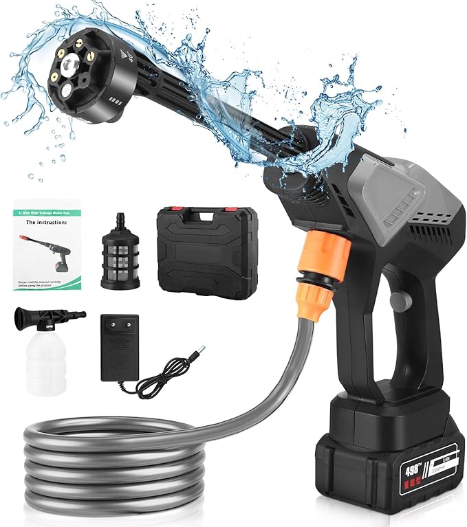 Cordless pressure washer, battery-powered, 65 bar, car pressure washer with 5 m hose & 6-in-1 nozzles, 2 batteries, electric water jet gun