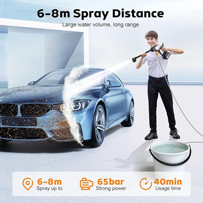 Cordless pressure washer, battery-powered, 65 bar, car pressure washer with 5 m hose & 6-in-1 nozzles, 2 batteries, electric water jet gun