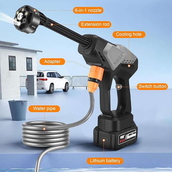 Cordless pressure washer, battery-powered, 65 bar, car pressure washer with 5 m hose & 6-in-1 nozzles, 2 batteries, electric water jet gun