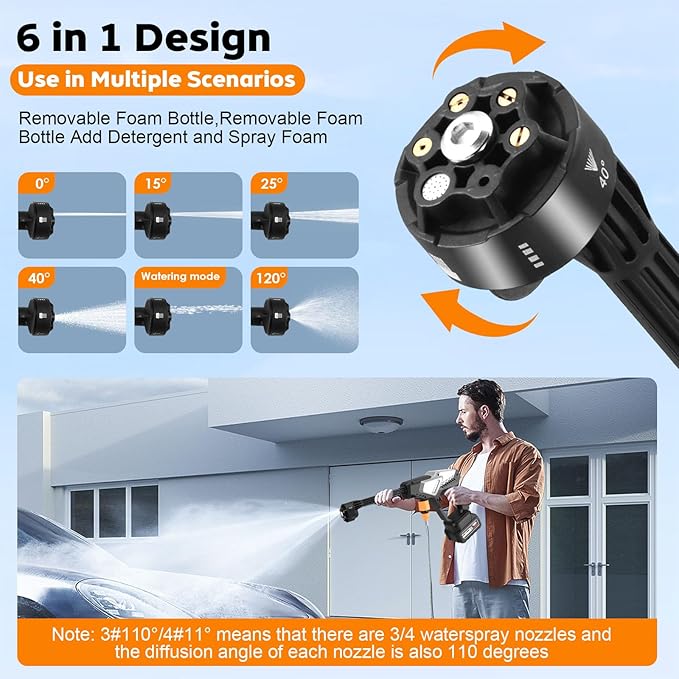 Cordless pressure washer, battery-powered, 65 bar, car pressure washer with 5 m hose & 6-in-1 nozzles, 2 batteries, electric water jet gun
