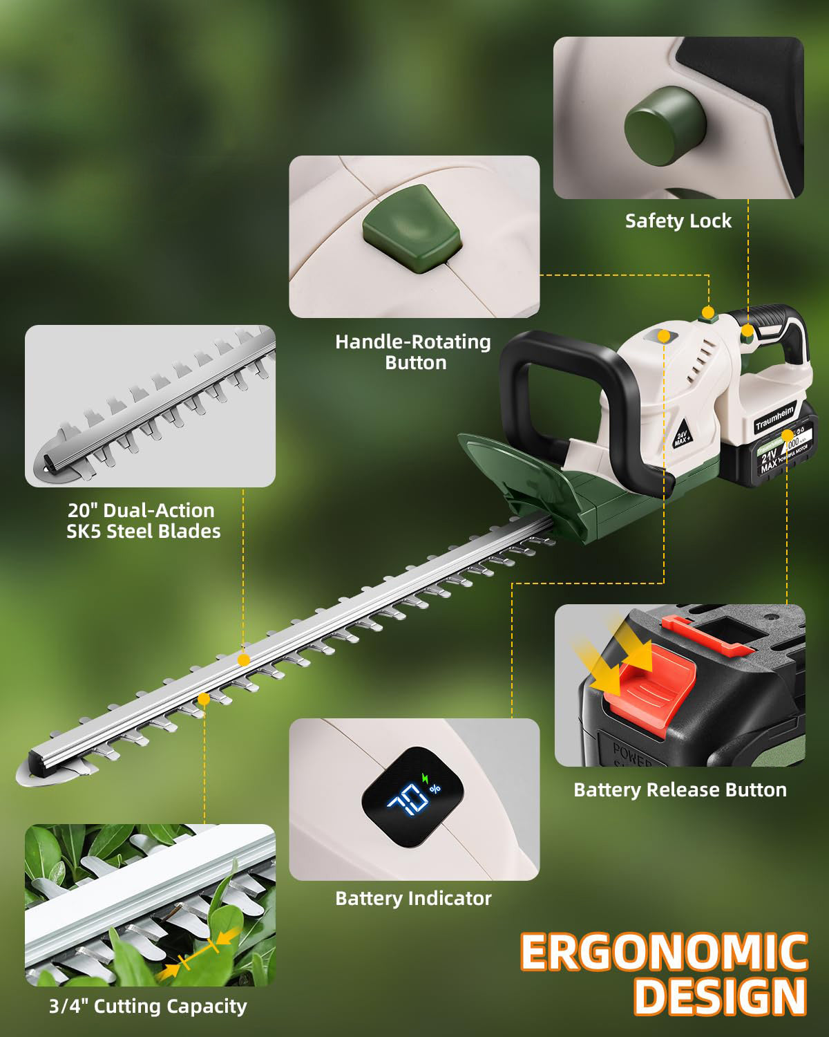 SUPSCEPTER Brushless Cordless Hedge Trimmer – HT-008 — product view 7