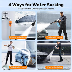 Cordless pressure washer, battery-powered, 65 bar, car pressure washer with 5 m hose & 6-in-1 nozzles, 2 batteries, electric water jet gun