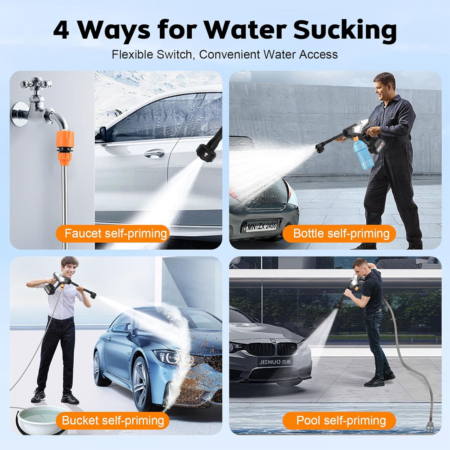 Cordless pressure washer, battery-powered, 65 bar, car pressure washer with 5 m hose & 6-in-1 nozzles, 2 batteries, electric water jet gun