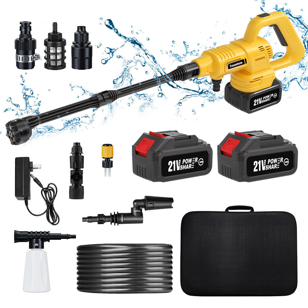 Cordless pressure washer with 21V 2× 4000mAh batteries, portable pressure washer with rotary nozzle & extension pole, 400W car cleaner for cars and gardens