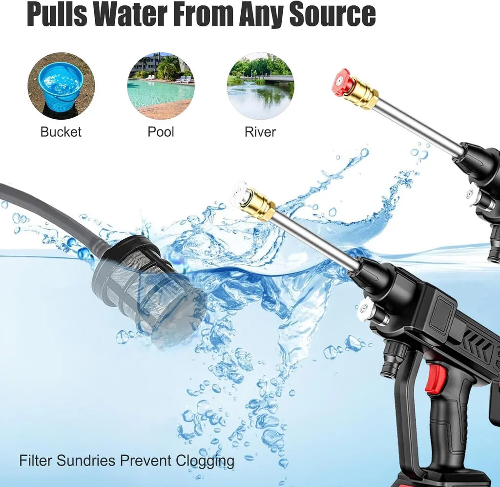 Cordless pressure washer, 300W pressure washer, car cleaner with 2 batteries, 5m hose, for car cleaning and watering